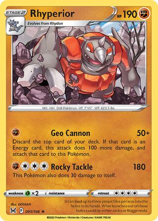 Rhyperior - Lost Origin - 091/196 - Reverse Holo - Near Mint - Rare - #464