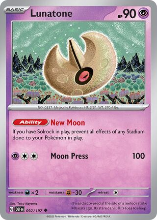 Lunatone - Obsidian Flames - 092/197 - Non Holo - Near Mint - Uncommon - #337