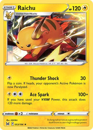 Raichu - Lost Origin - 053/196 - Non Holo - Near Mint - Rare - #026