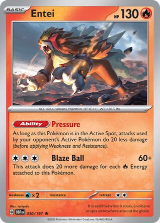 Entei - Obsidian Flames - 030/197 - Holo - Near Mint - Rare - #244