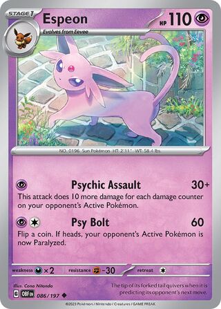 Espeon - Obsidian Flames - 086/197 - Non Holo - Near Mint - Uncommon - #196