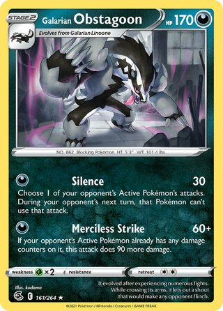 Galarian Obstagoon - Fusion Strike - 161/264 - Reverse Holo - Near Mint - Rare Holo - #862