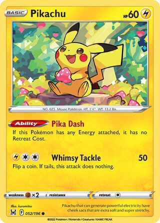 Pikachu - Lost Origin - 052/196 - Non Holo - Near Mint - Common - #025