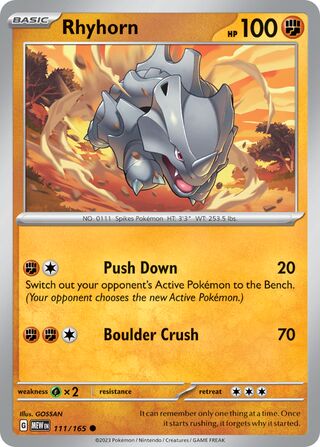 Rhyhorn - 151 - 111/165 - Non Holo - Near Mint - Common - #111