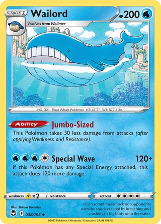 Wailord - Silver Tempest - 038/195 - Non Holo - Near Mint - Uncommon - #321